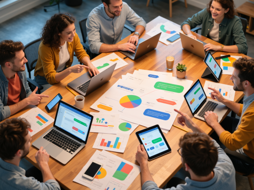 团队会议场景,员工们围坐讨论工作,展现良好的团队协作氛围