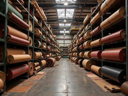 仓库内部场景,整齐堆放的皮革原料和成品,显示充足的库存能力